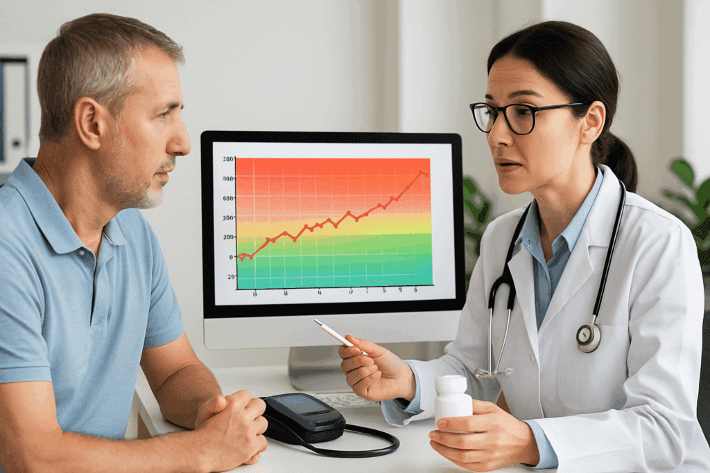 Doctor discussing treatment with middle-aged patient while reviewing digital blood pressure chart, illustrating advanced care in the four stages of hypertension.