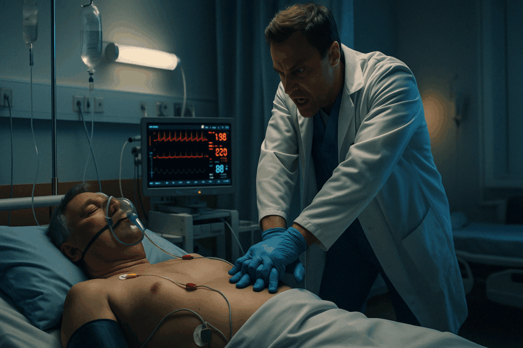 Doctor performing emergency CPR on patient in hospital during severe episode representing the final of four stages of hypertension