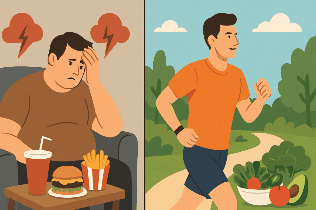 Split-screen illustration contrasting unhealthy and healthy lifestyles to depict risk and management strategies for the four stages of hypertension