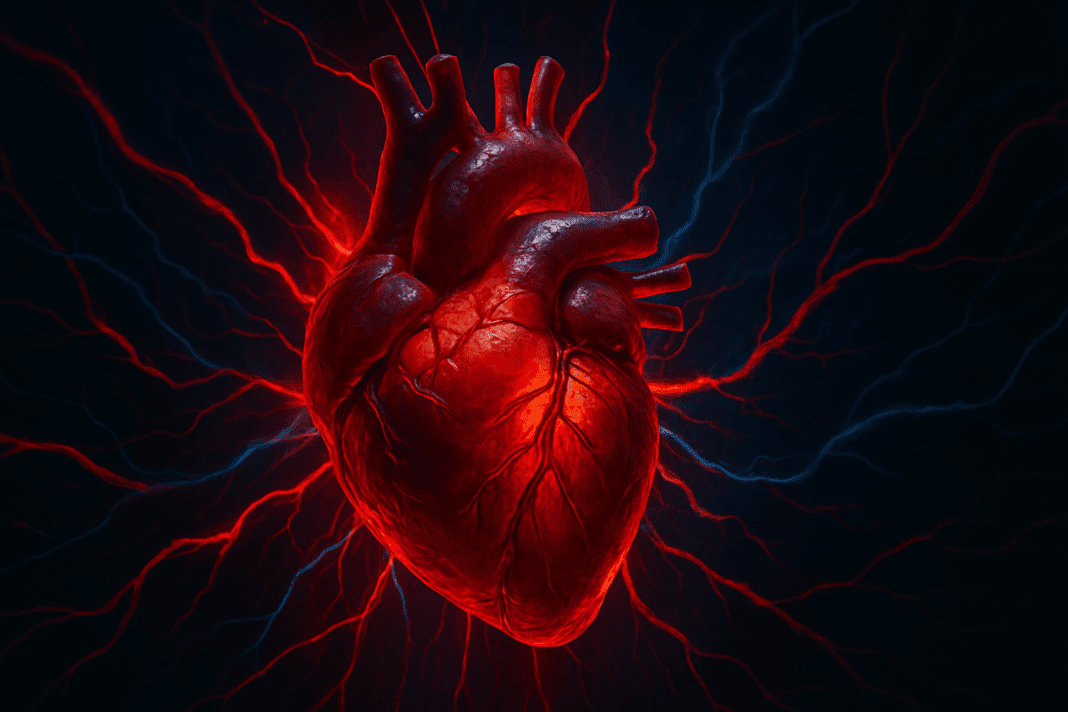 Human heart under intense strain with glowing blood vessels, illustrating the effects of the highest blood pressure ever recorded.