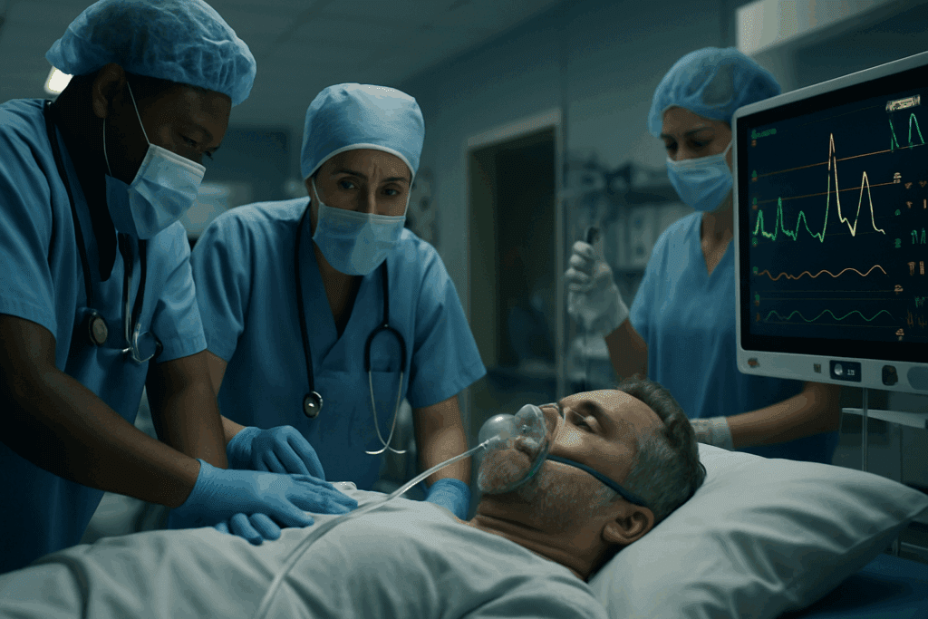 Emergency room team treating a man in hypertensive crisis with monitors showing unstable vitals during the highest blood pressure ever recorded