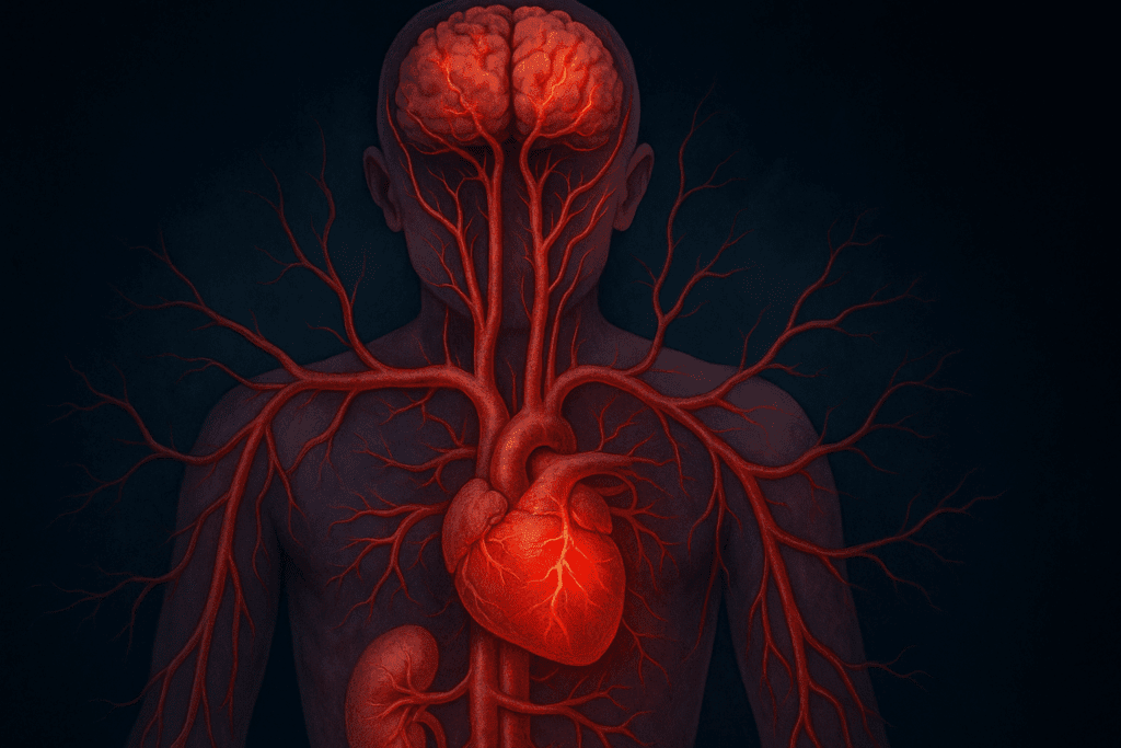 Anatomical illustration of cardiovascular stress showing heart, brain, and kidney arteries under extreme strain, simulating the highest blood pressure ever recorded
