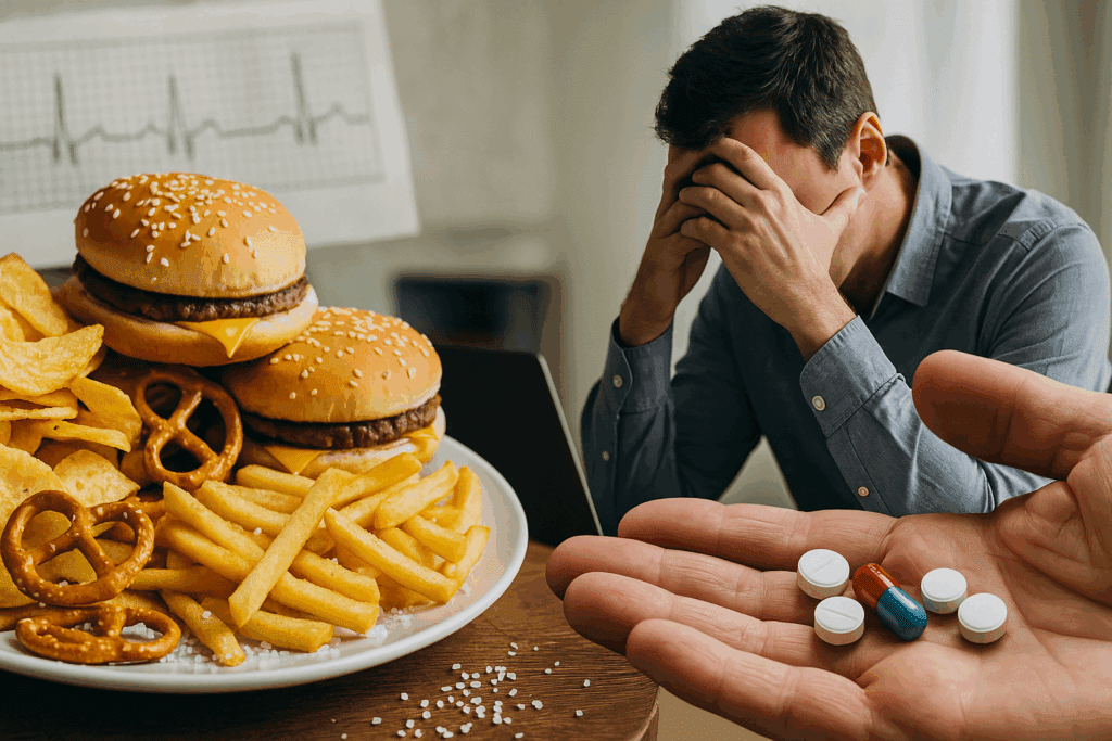 Collage showing risk factors linked to the highest blood pressure ever recorded: fast food, stress, stimulant drugs, and a medical chart in the background.