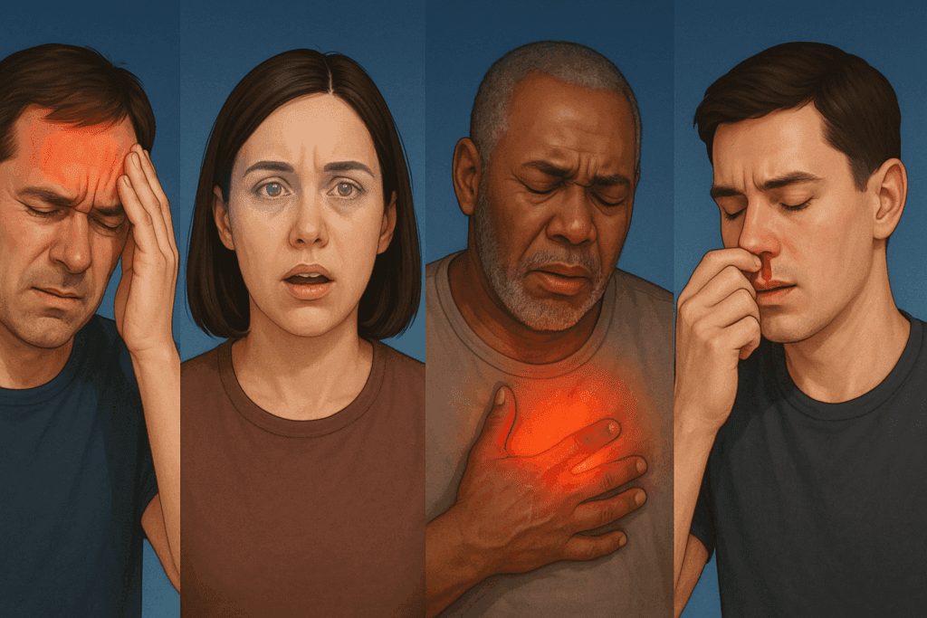 Realistic infographic showing symptoms linked to the highest blood pressure ever recorded, including headache, blurred vision, chest pain, and nosebleeds.