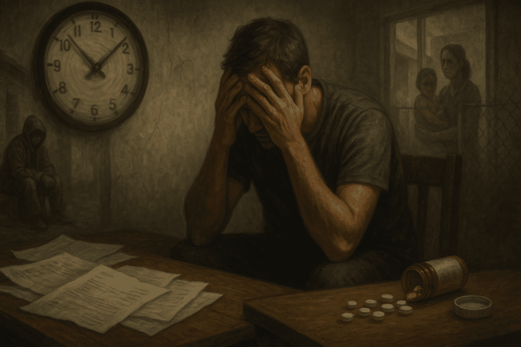 Man sitting in a dim room overwhelmed by bills, medication, and poverty, symbolizing stress linked to the highest blood pressure ever recorded.