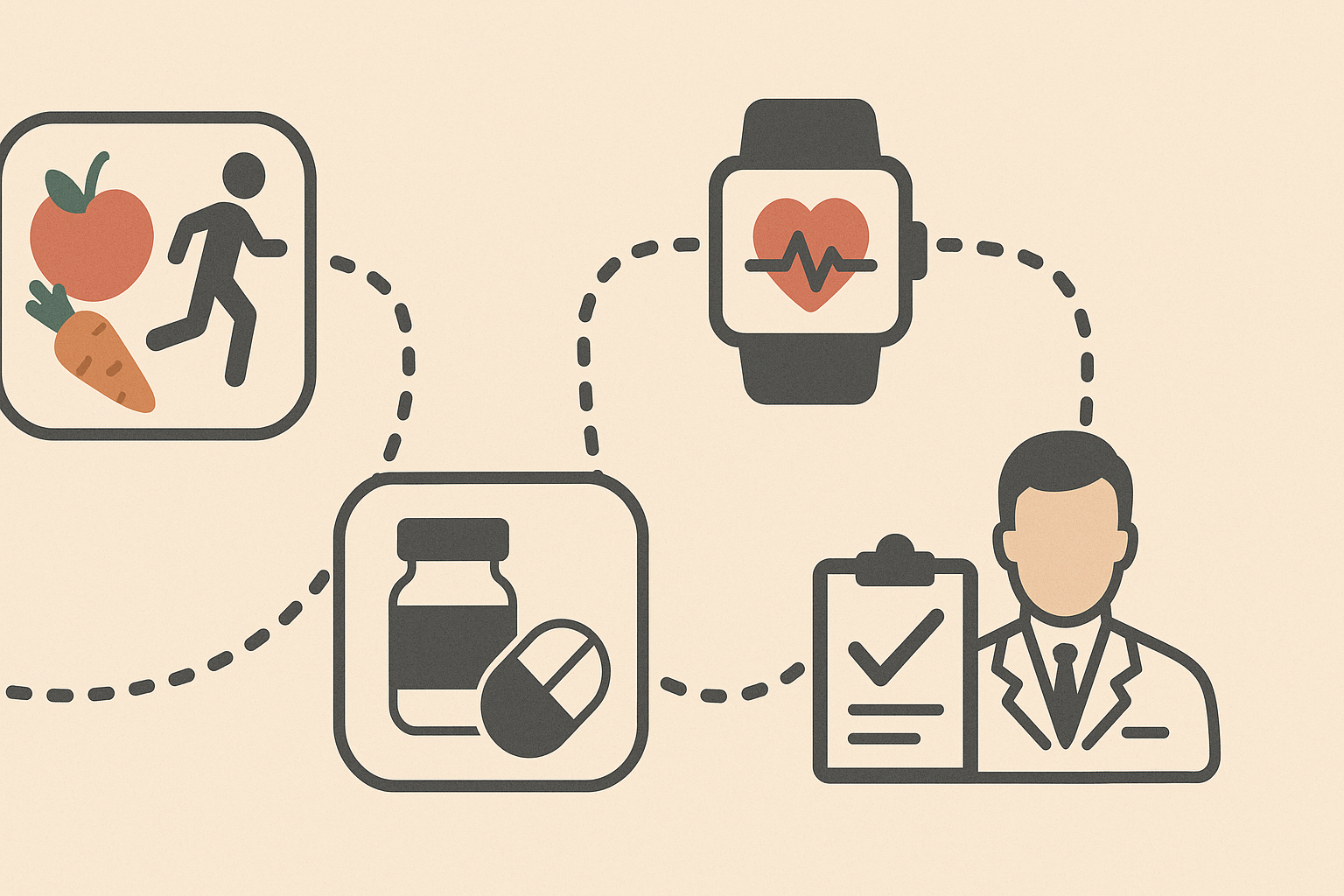 Flowchart-style infographic showing lifestyle changes, medication, wearable monitoring, and clinical follow-up as a prevention strategy for hypertensive crisis, inspired by the highest blood pressure ever recorded.