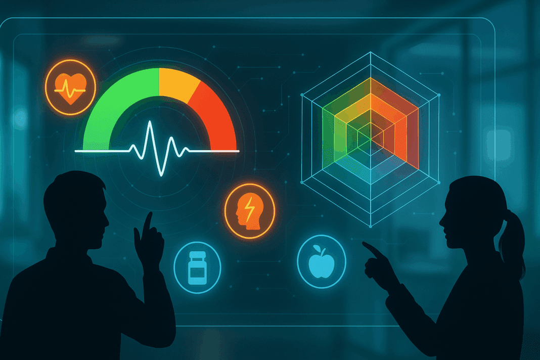 Futuristic hypertension diagram displayed on a digital dashboard with color-coded zones and medical icons, viewed by two human silhouettes in a clinical telehealth setting.