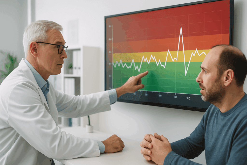 Doctor pointing to a spike on a time-series hypertension diagram as a patient looks on in a modern medical office.