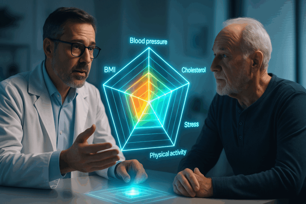 Clinician and patient analyzing a futuristic hypertension diagram displayed as a glowing holographic spider chart with health metrics.