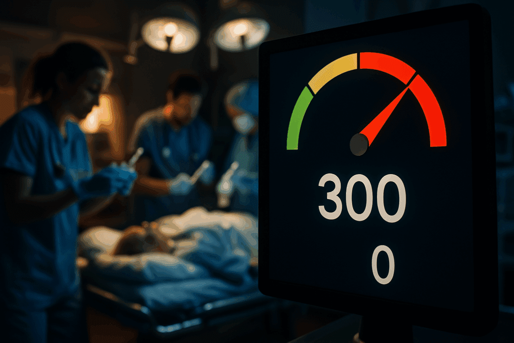 Hypertension diagram on a digital screen showing a blood pressure reading of 300 in the red crisis zone, with emergency clinicians urgently treating a patient in the background.
