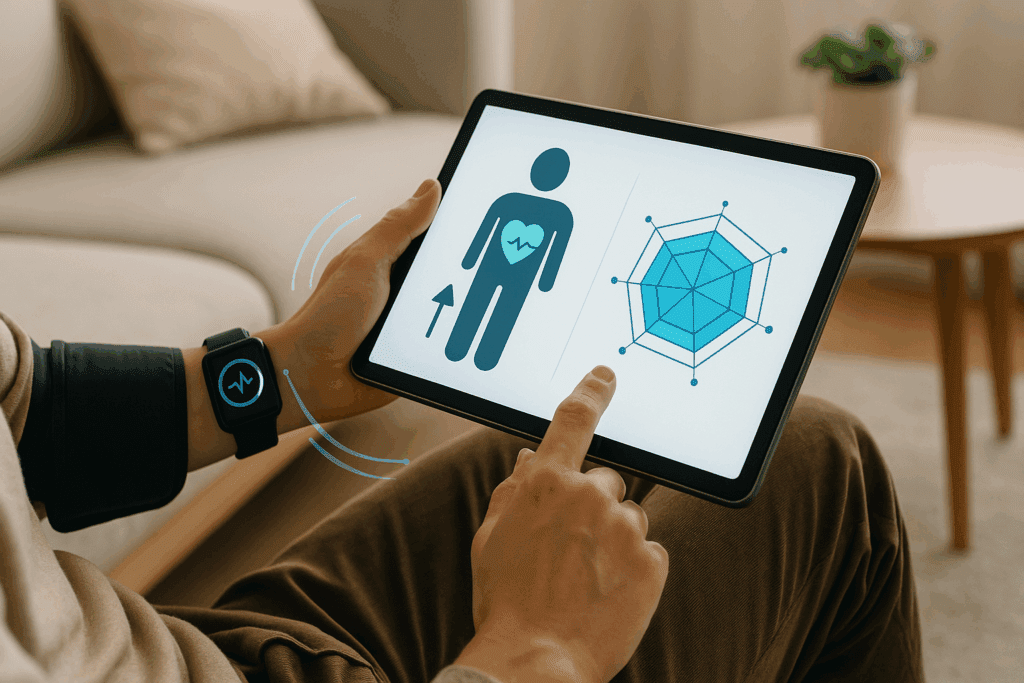 Person using a tablet displaying a hypertension diagram and spider graph, synced with wearable health devices in a cozy home setting.