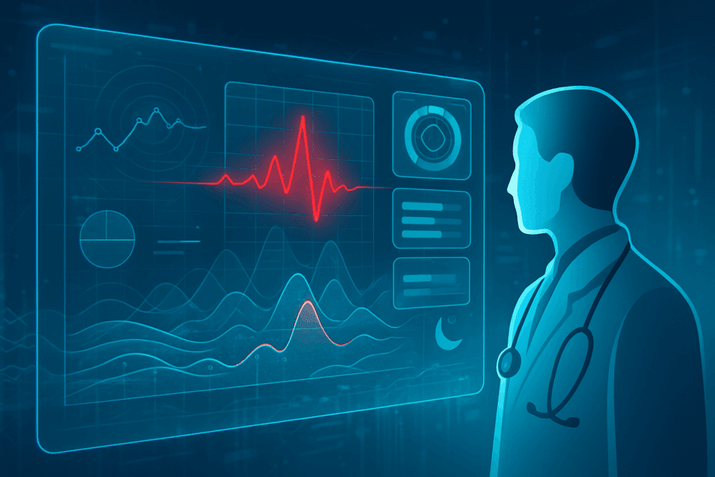 Futuristic hypertension diagram on a transparent AI dashboard showing predictive blood pressure spikes and personalized health analytics.