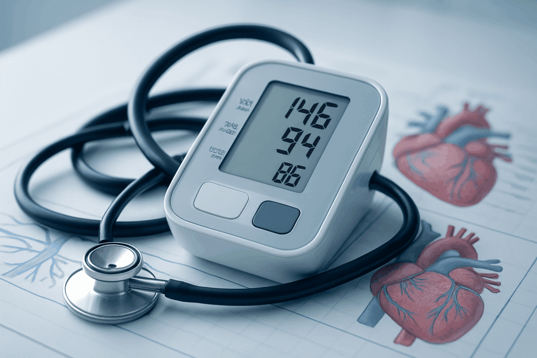 Digital blood pressure monitor showing elevated readings with a stethoscope on a heart anatomy chart, representing new blood pressure guidelines in a clinical setting.