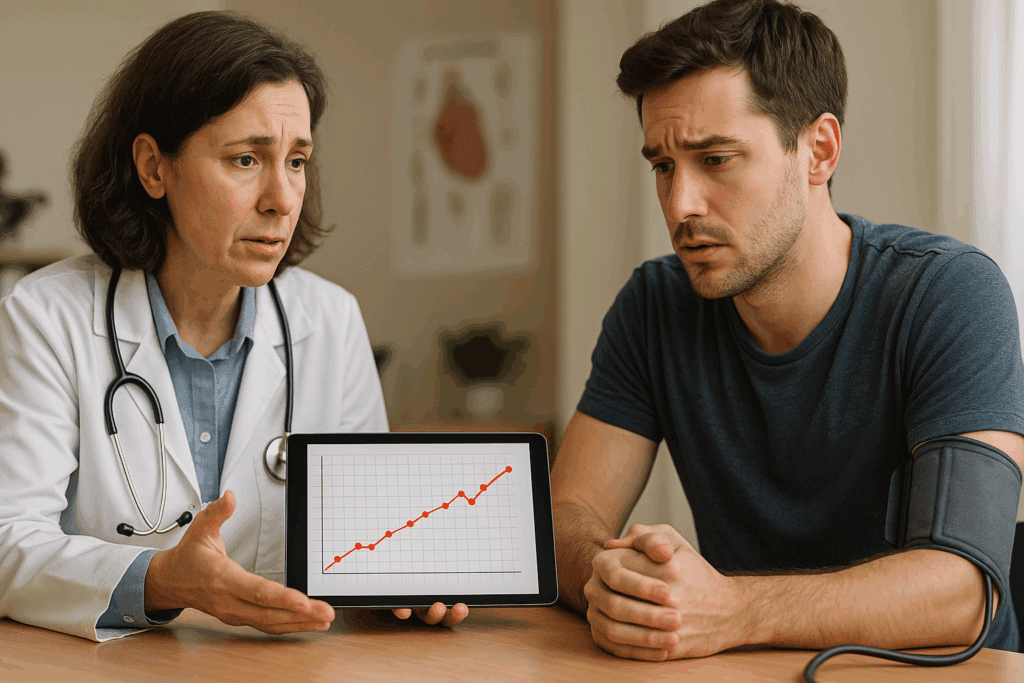 Concerned doctor shows a young patient a rising blood pressure chart on a tablet, illustrating the impact of new blood pressure guidelines.