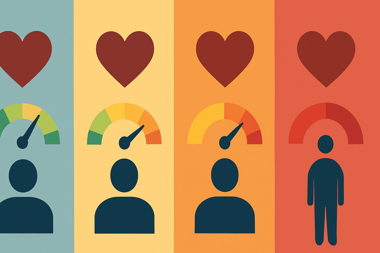 Visual infographic comparing four stages of blood pressure using hearts, gauges, and silhouettes to illustrate new blood pressure guidelines