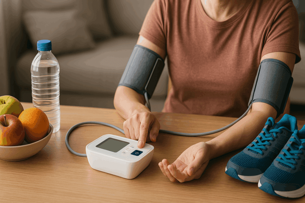 Person using a digital monitor at home to check blood pressure, illustrating empowerment through new blood pressure guidelines