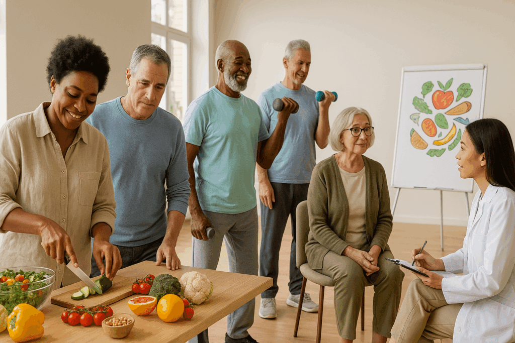 Diverse adults in a wellness class preparing DASH diet meals, exercising, and receiving nutrition counseling as part of new blood pressure guidelines.