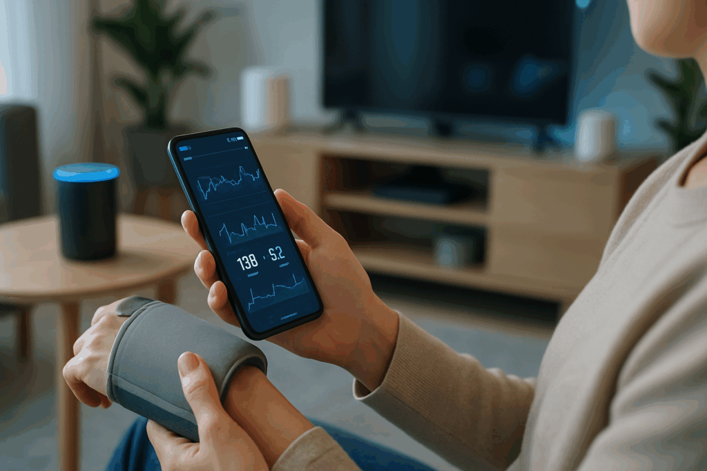 Person syncing a wearable monitor with a smartphone health app at home, reflecting new blood pressure guidelines in a tech-savvy setting.