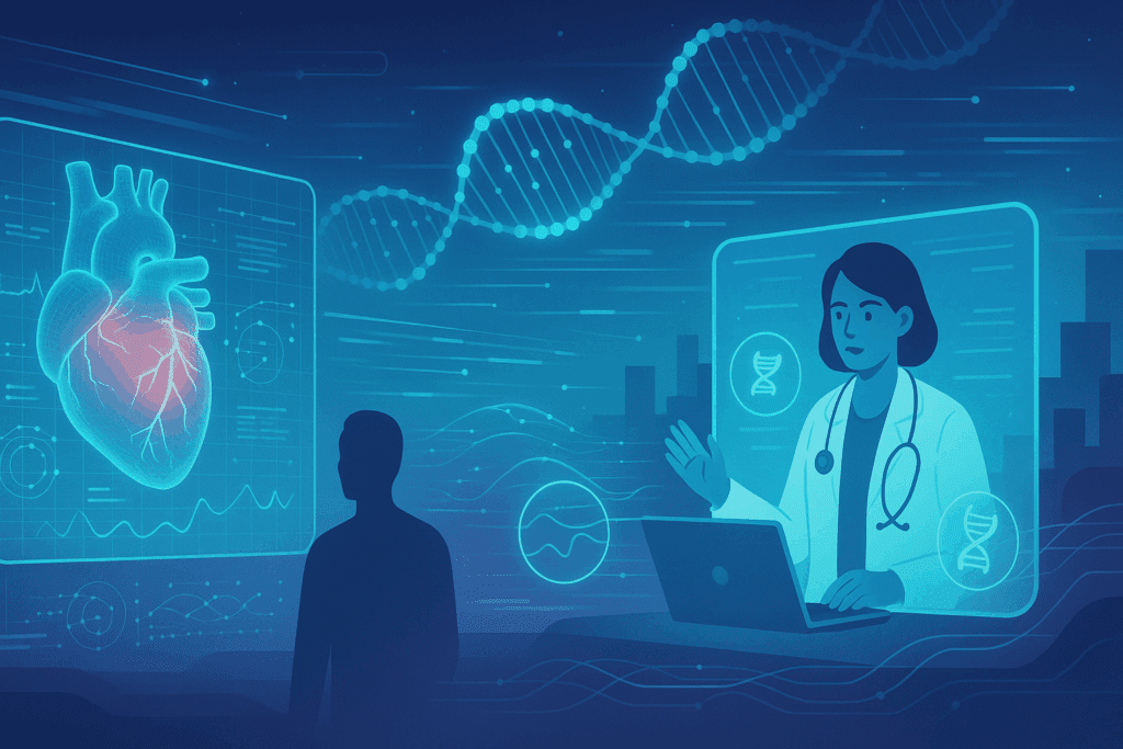 Futuristic scene showing AI diagnostics, virtual doctor consultation, and genetic data streams symbolizing personalized care in line with new blood pressure guidelines
