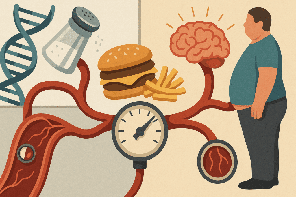 Illustration of the pathophysiology of hypertension showing genetic factors, poor diet, stress, and obesity influencing blood pressure via red arteries and pressure gauges.