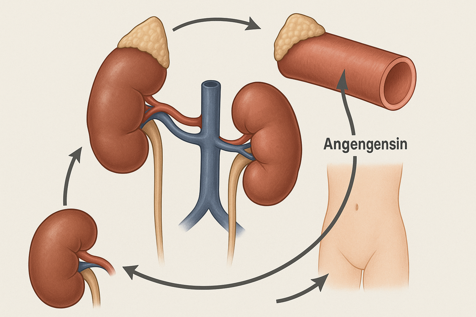Diagram illustrating the pathophysiology of hypertension via the renin-angiotensin-aldosterone system, showing kidneys, adrenal glands, blood vessels, and hormonal flow.