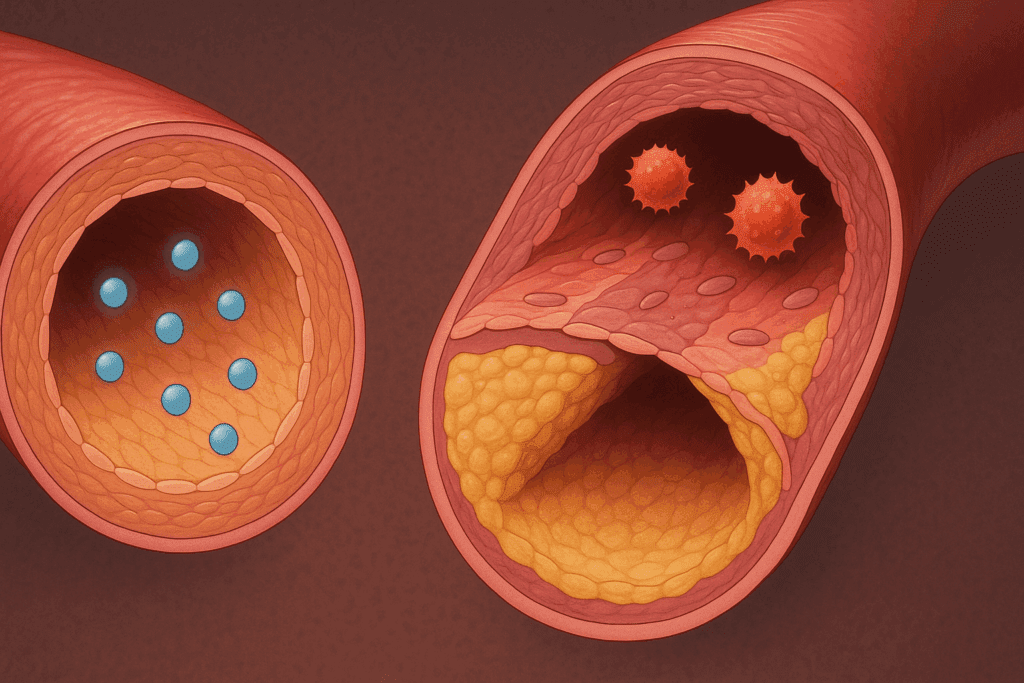 Cross-sectional artery illustration showing healthy endothelium and inflamed, narrowed vessel to explain pathophysiology of hypertension