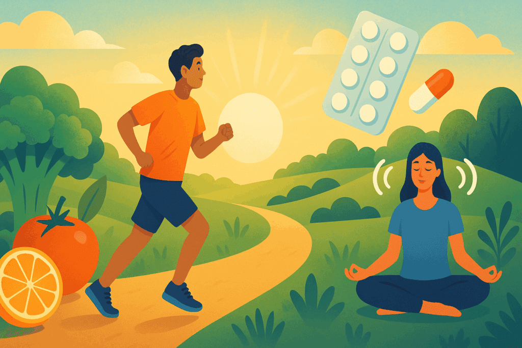 Man jogging along a sunlit trail surrounded by healthy food, meditation, and subtle medication visuals symbolizing lifestyle-based early intervention in the pathophysiology of hypertension.