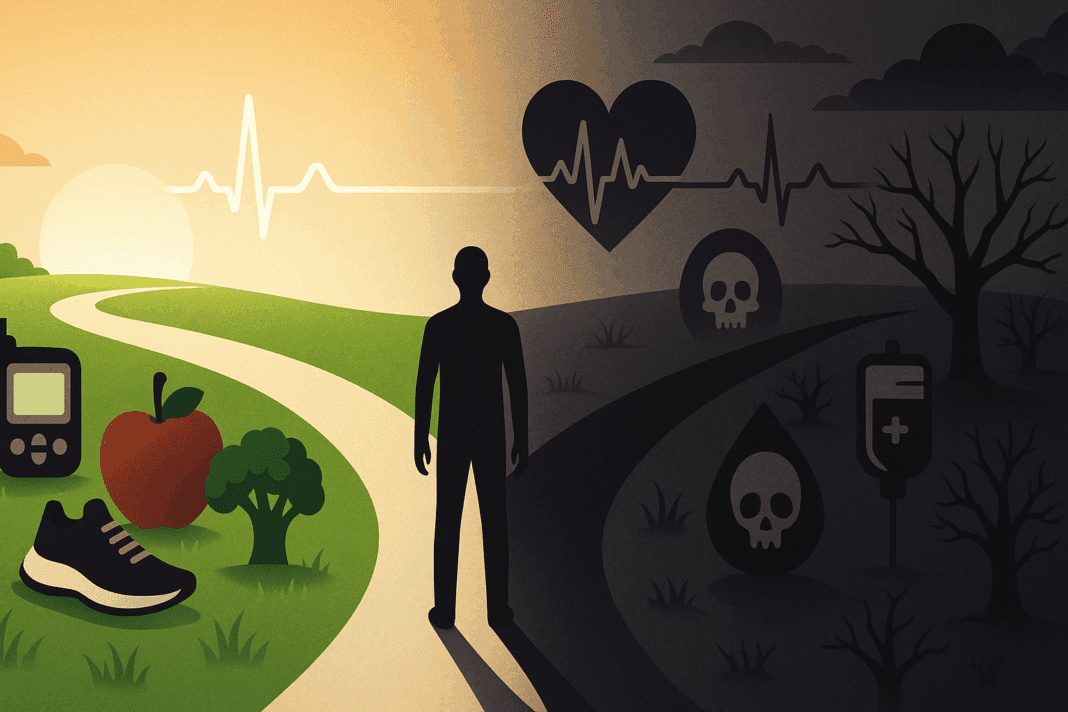Symbolic landscape showing life and death paths in type 1 diabetes, illustrating risks linked to high type 1 diabetes death rate.