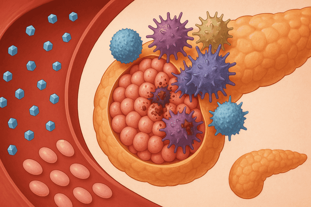 Cross-sectional illustration showing damaged insulin-producing beta cells under attack by immune cells, representing type 1 diabetes. The image highlights glucose buildup in the bloodstream, emphasizing the link between autoimmunity and the type 1 diabetes death rate.