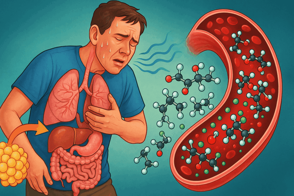 Biochemical illustration showing fat breakdown and ketone buildup during diabetic ketoacidosis, linked to type 1 diabetes death rate.