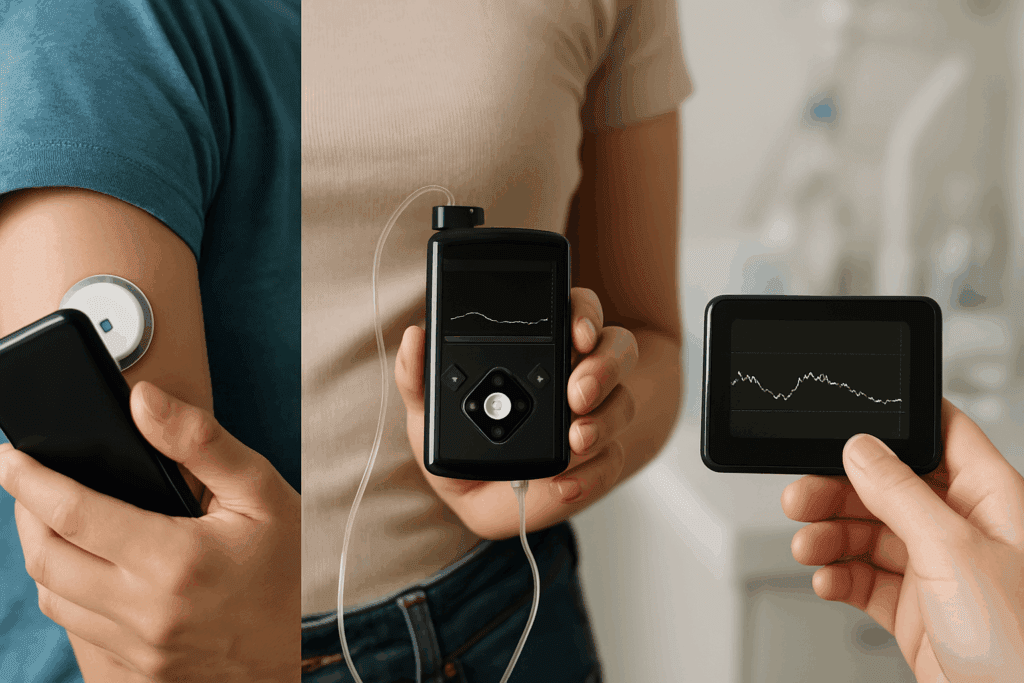 Person using a CGM sensor, insulin pump, and glucose monitor, illustrating advanced care that helps lower the type 1 diabetes death rate