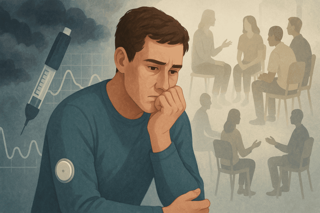 Young man with type 1 diabetes looks anxious, surrounded by storm clouds and therapy group visuals, symbolizing emotional burden and rising type 1 diabetes death rate.