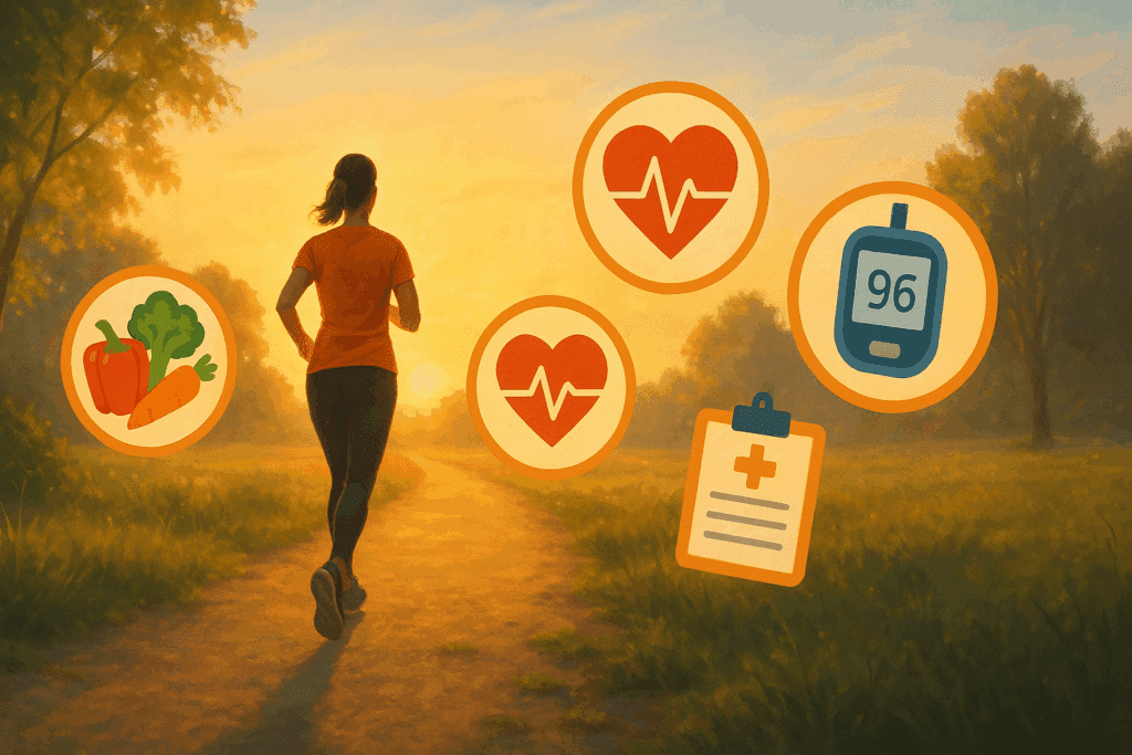 Woman jogging at sunrise past floating health icons, symbolizing lifestyle choices that can lower the type 1 diabetes death rate.