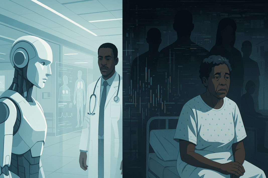 Split-screen illustration showing AI-driven hospital technology on one side and systemic inequality on the other, highlighting AI bias in healthcare.