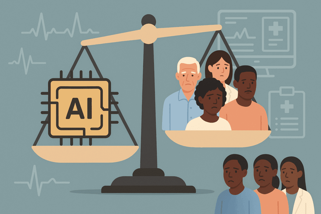 Balance scale illustrating AI bias in healthcare, with an AI chip outweighing diverse patient group including people with darker skin tones, surrounded by medical icons.