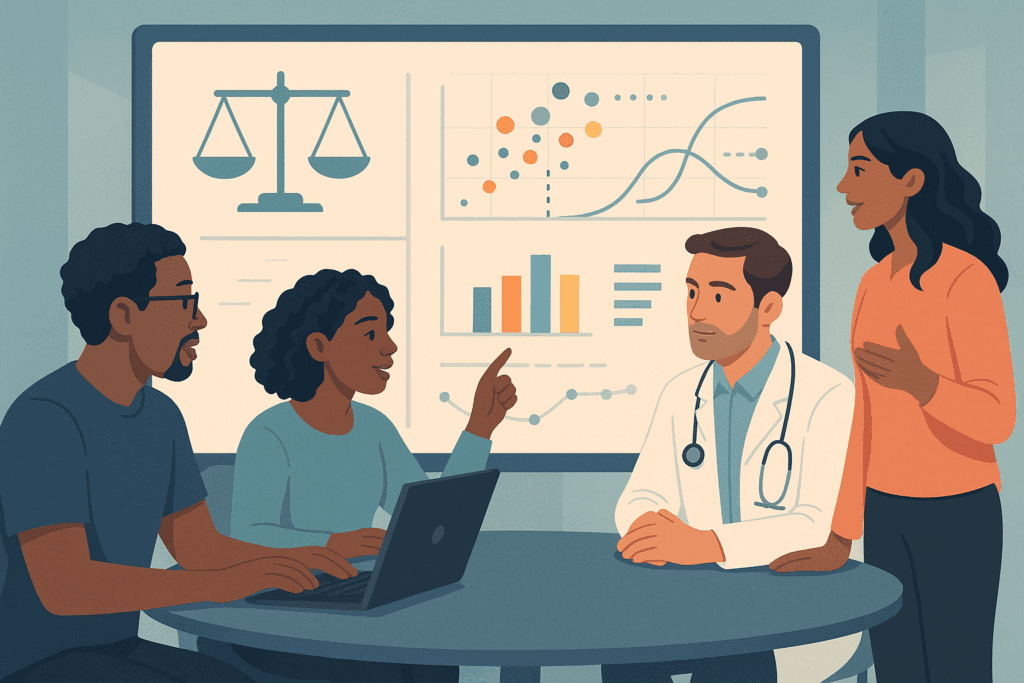 Diverse group of developers, clinicians, and patients analyzing fairness metrics on a large screen, illustrating collaboration to address AI bias in healthcare.