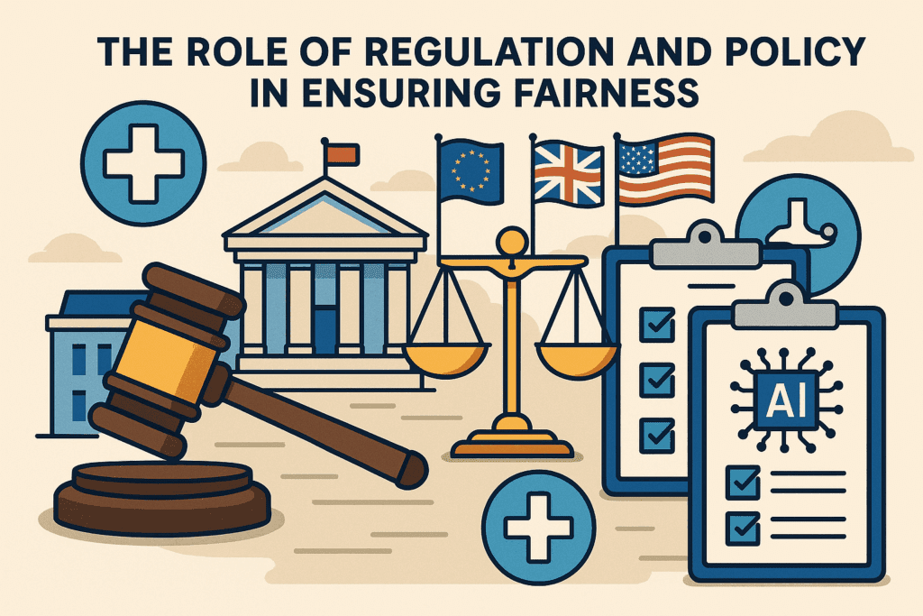 Government buildings, balance scales, judge’s gavel, medical symbols, and international flags illustrating global regulation of AI bias in healthcare