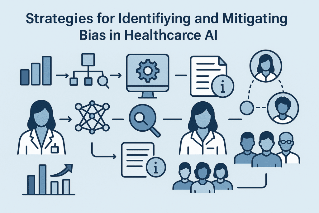 Infographic illustrating strategies to reduce AI bias in healthcare using icons for data diversification, transparency, and subgroup fairness