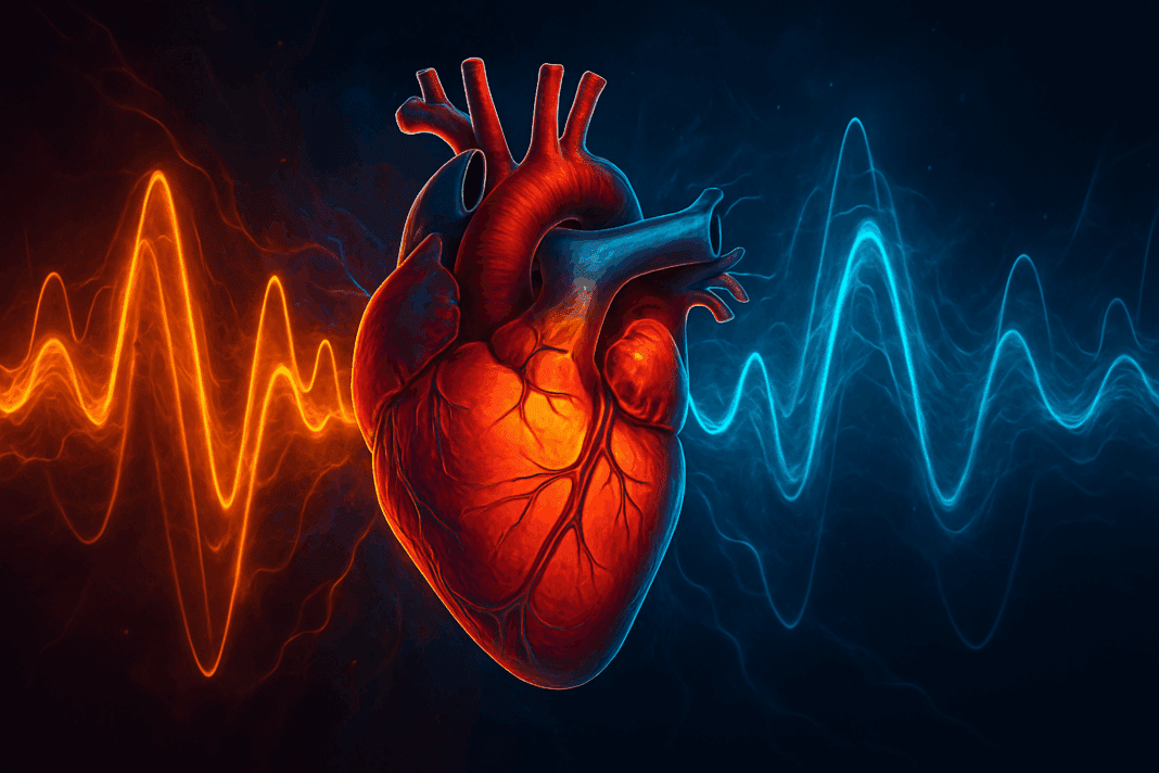 Detailed digital illustration of a human heart and arteries surrounded by dynamic energy waves, symbolizing what can increase blood pressure temporarily.