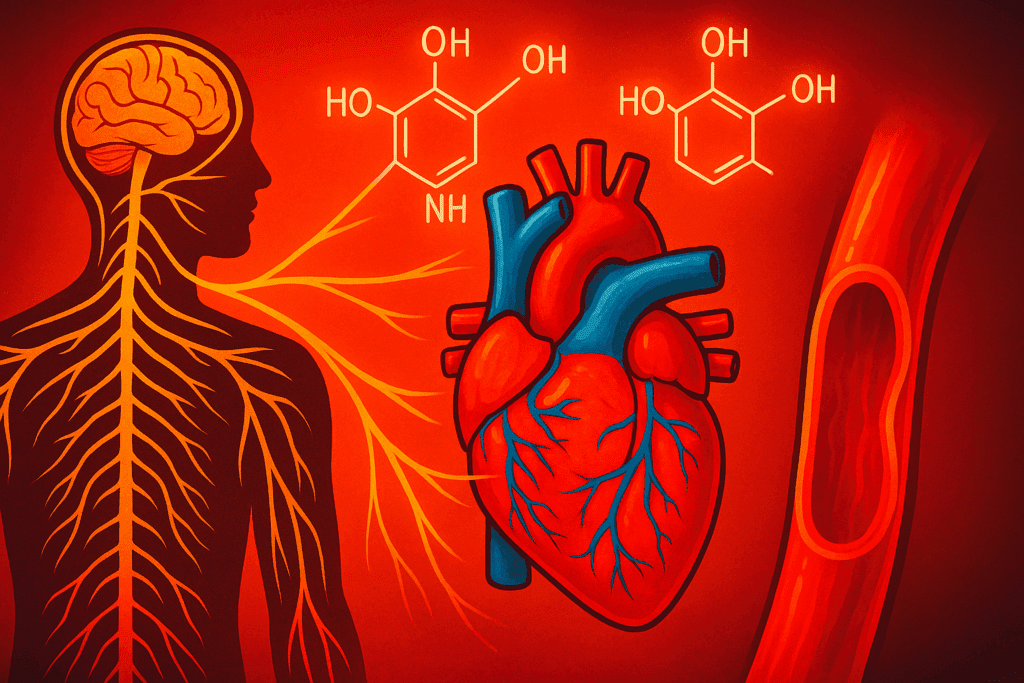 Anatomical illustration showing the autonomic nervous system stimulating the heart and blood vessels during a sudden response, symbolizing what can increase blood pressure temporarily.
