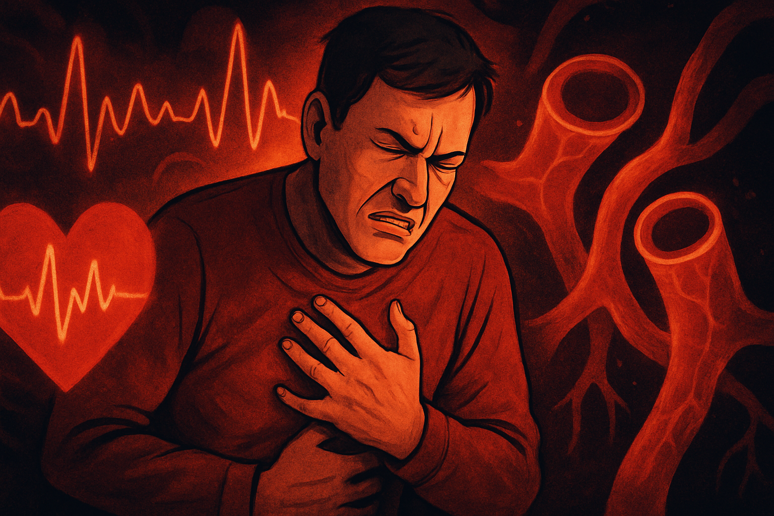 Man clutching chest in emotional distress with racing heartbeat and constricted arteries, illustrating what can increase blood pressure temporarily.