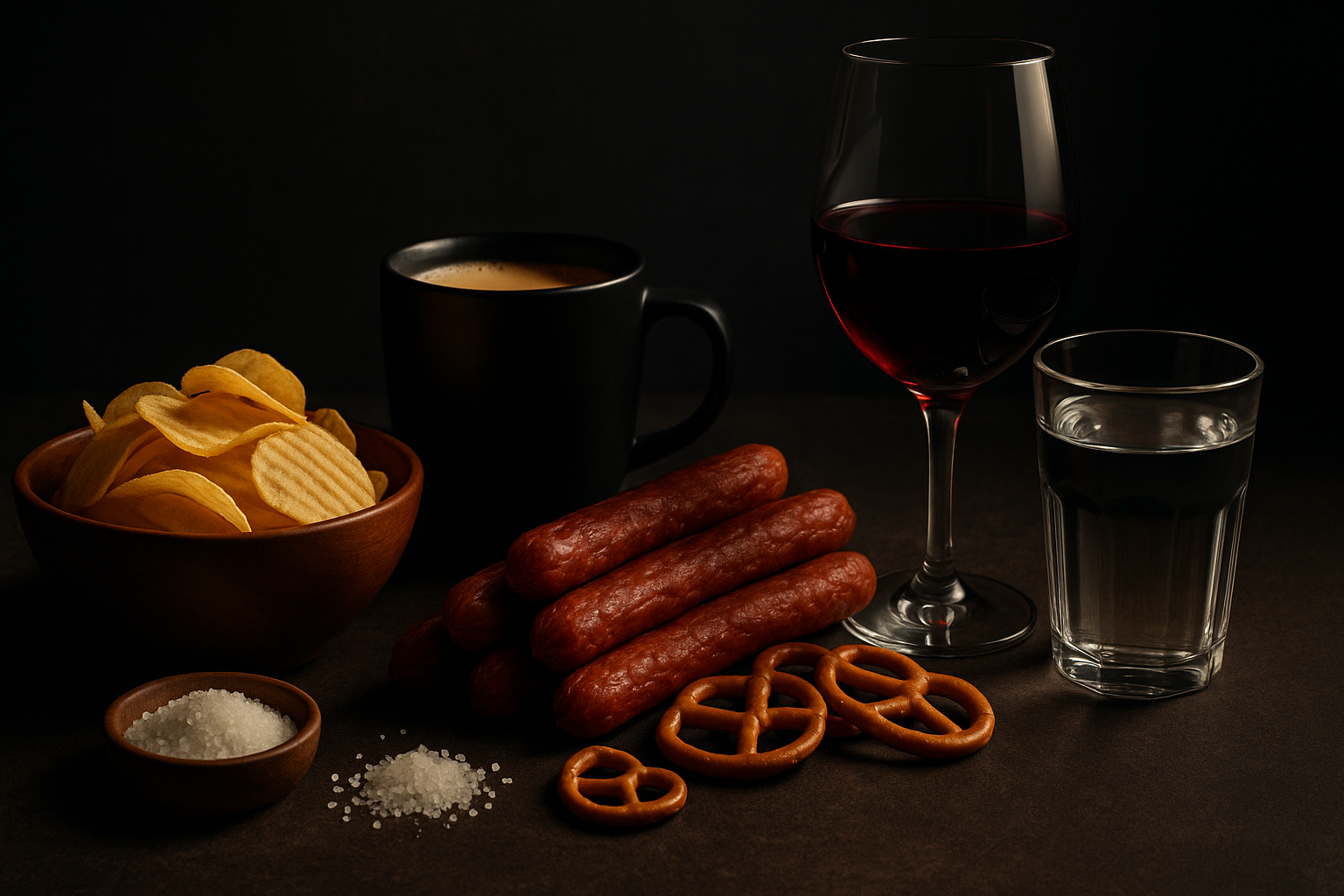 Salty snacks, coffee, wine, and a glass of water arranged on a dark table, illustrating what can increase blood pressure temporarily.