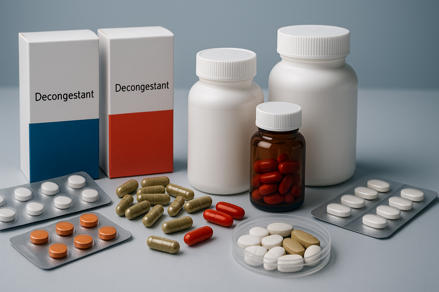 Assorted over-the-counter medicines, decongestants, herbal supplements, and NSAID bottles under clinical lighting, illustrating what can increase blood pressure temporarily.