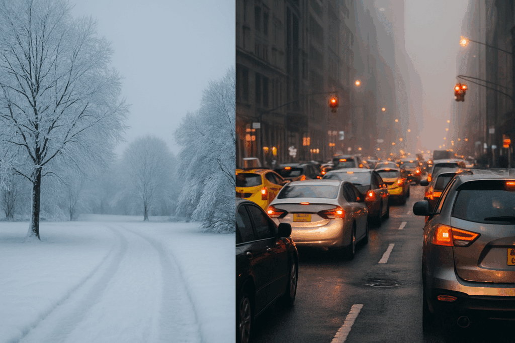 Split scene of a snowy landscape and a congested urban street illustrating environmental factors that show what can increase blood pressure temporarily