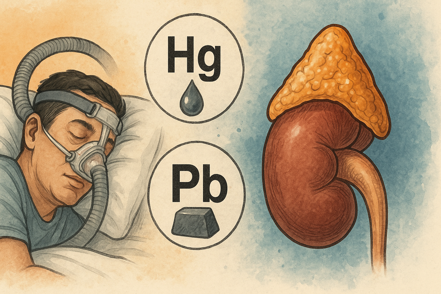 Sleeping man with a CPAP mask, mercury and lead symbols, and an adrenal gland illustration representing what can increase blood pressure temporarily.