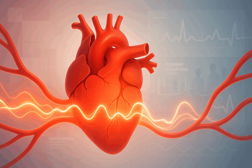 Stylized digital heart with glowing arteries and pressure waves illustrating systolic blood pressure in a clinical-themed background