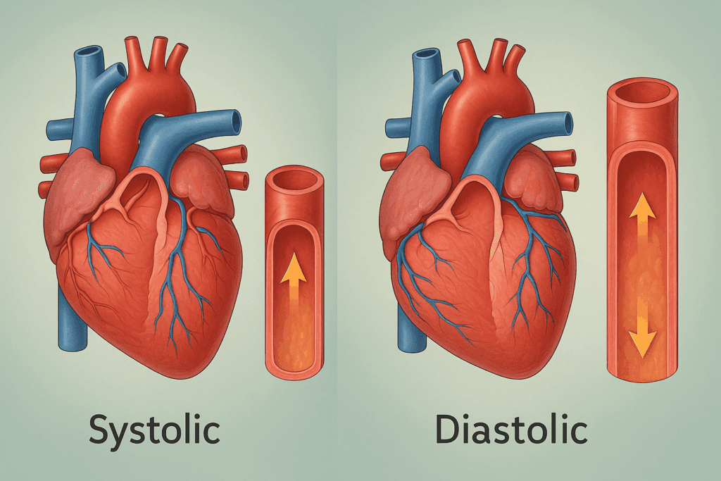 Medical illustration showing the difference between systolic blood pressure during heart contraction and diastolic pressure during relaxation