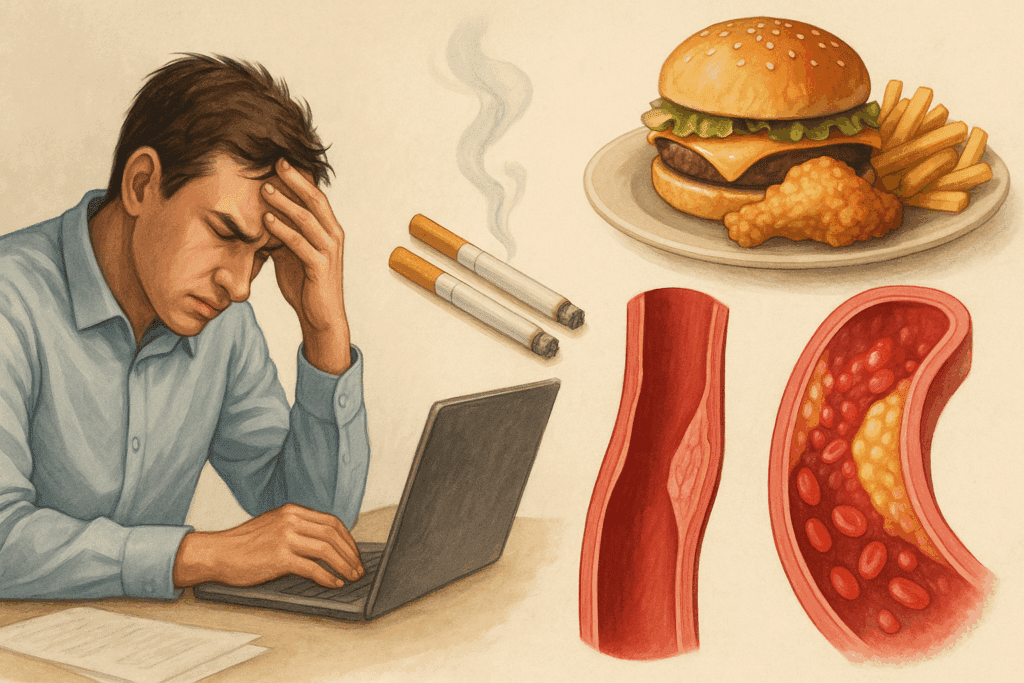 Stressed man at desk beside junk food, cigarettes, and medical illustrations of inflamed arteries—factors linked to high systolic blood pressure