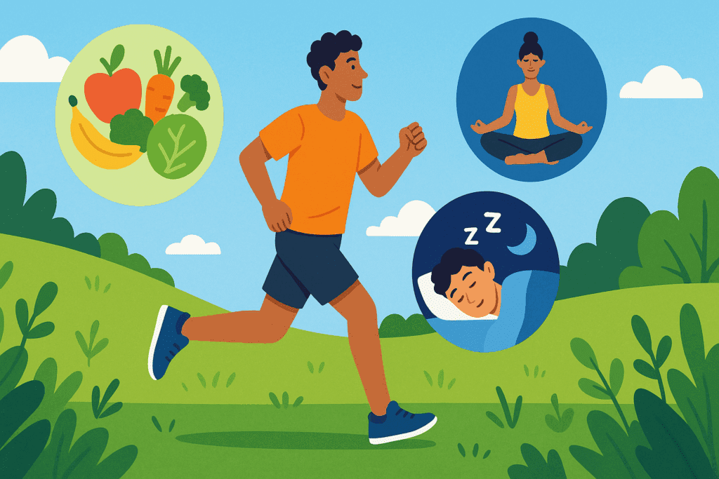Jogger outdoors with icons of healthy eating, yoga, and sleep—lifestyle habits that help lower systolic blood pressure.