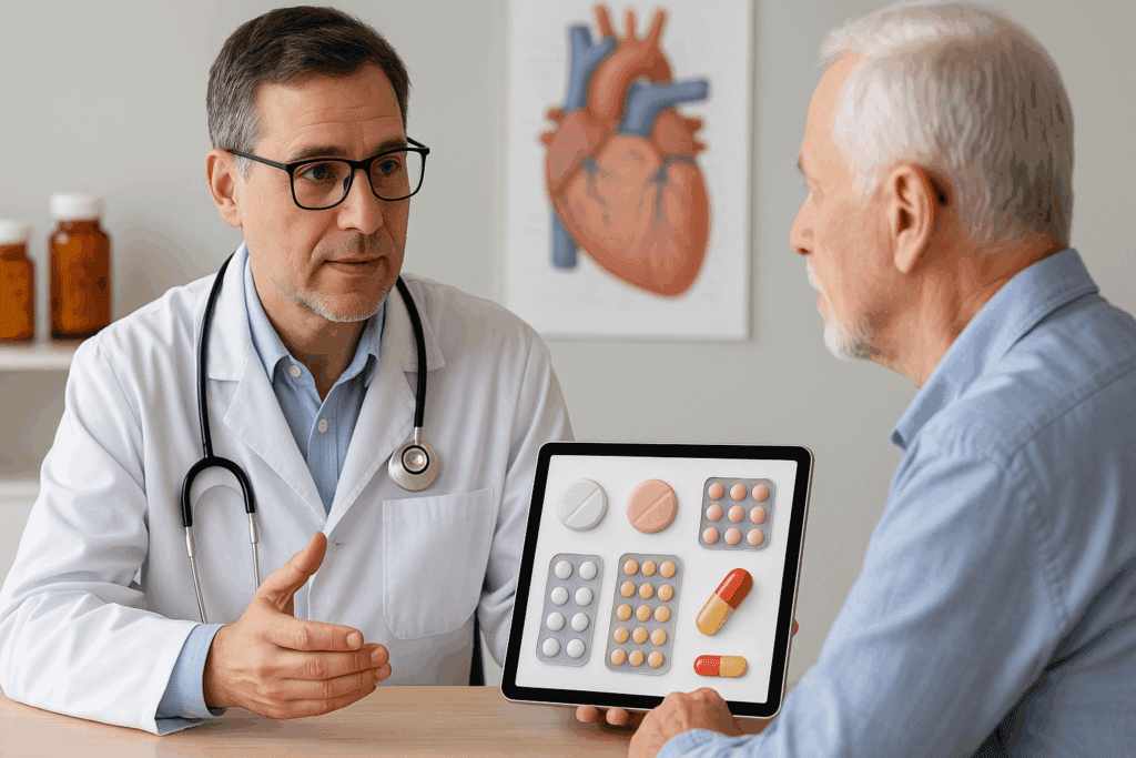 Doctor consulting a senior patient while showing a digital tablet displaying medication options, with cardiovascular anatomy in the background, discussing systolic blood pressure treatment.